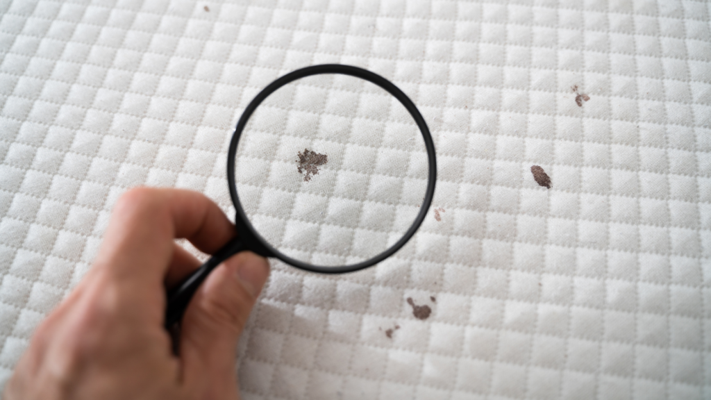 Abgebildet sind Flecken auf einer Matratze, die unter einer Lupe vergrößert werden.